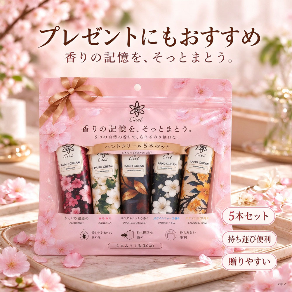 ハンドクリーム 5本セット ハンドクリームセット 5種類の香り 30g ミニハンドクリーム 香り付き 保湿 ベタつかない さらさら ハンドケア  手荒れケア いい香り ワセリン配合 ミネラルオイル 桜 金木犀 サンダルウッド ジャスミン ホワイトティー ハンドケア 手肌保湿 乾燥対策 携帯用 ギフト プレゼント 贈り物 母の日  Ciel-9-A