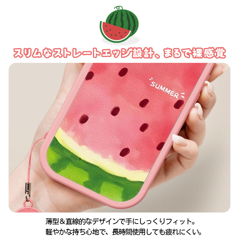 夏デザイン スイカ柄スマホケース｜PUレザー・ストラップ付き・カメラ保護・iPhone13〜16対応  5616-11