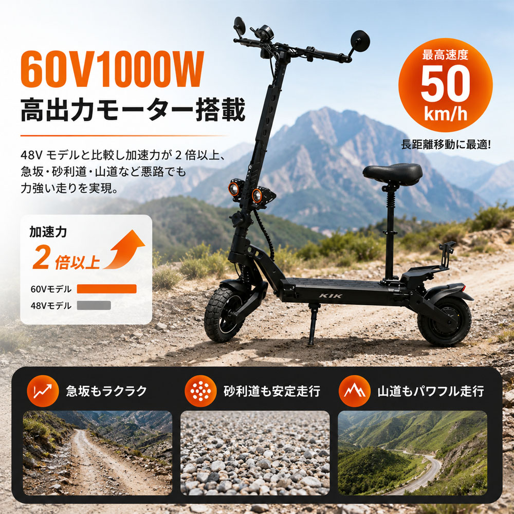 電動キックボード 折りたたみ式 原付二種仕様 公道走行OK 安心安全 クッション付きサドル 前後ライト搭載 防水設計 高視認性 小雨走行可能 長距離走行 高出力モーター 通学 通勤 急坂・砂利道・山道対応  K4-PRO