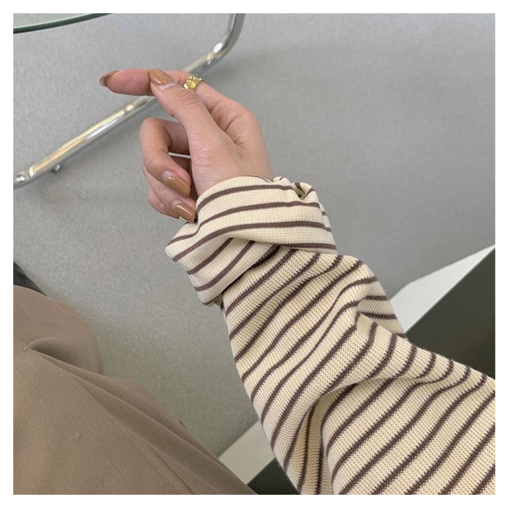 上衣 外套 圆领 立领 宽松 条纹 横岛 华夫格图案 微起毛 内搭 可单穿 简约 休闲 时尚 办公室 女士 四季适用 全年可穿 sali