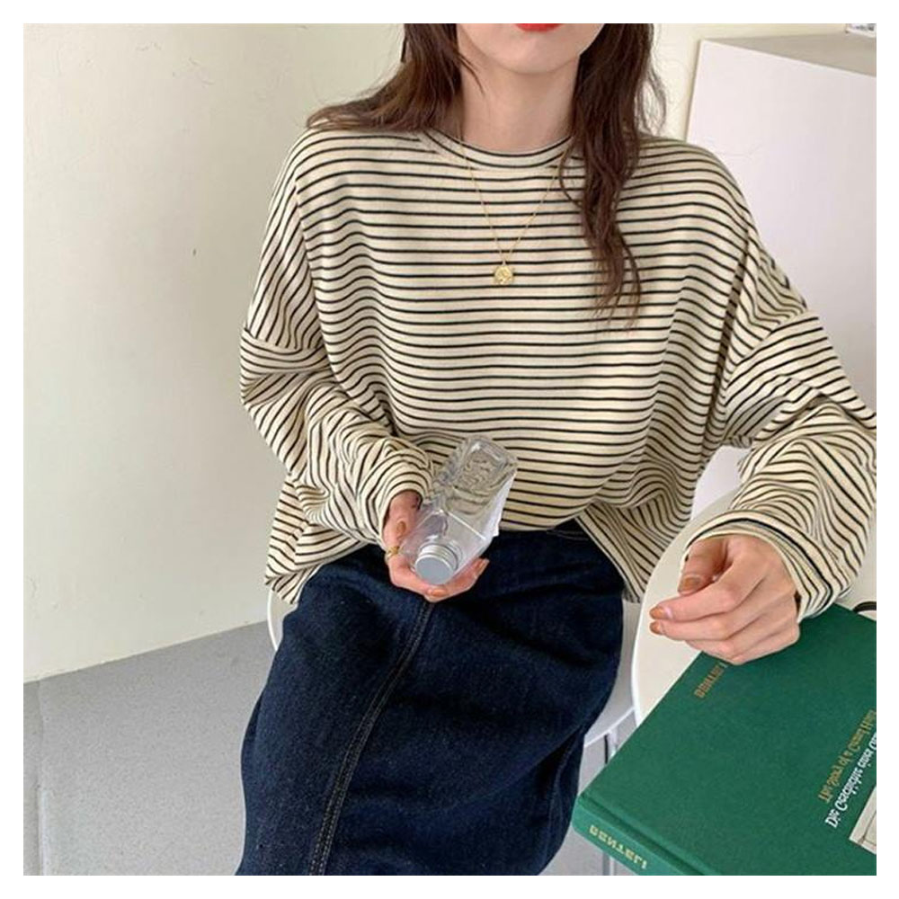 上衣 外套 圆领 立领 宽松 条纹 横岛 华夫格图案 微起毛 内搭 可单穿 简约 休闲 时尚 办公室 女士 四季适用 全年可穿 sali