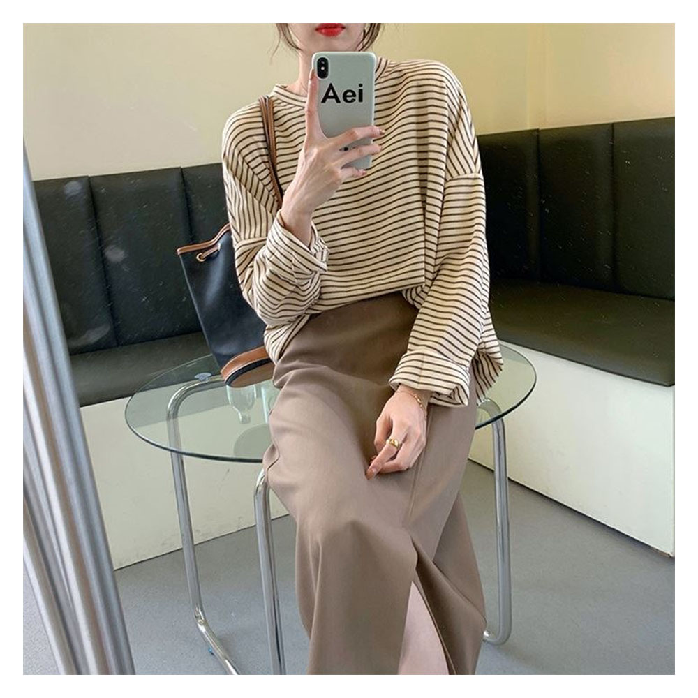 上衣 外套 圆领 立领 宽松 条纹 横岛 华夫格图案 微起毛 内搭 可单穿 简约 休闲 时尚 办公室 女士 四季适用 全年可穿 sali