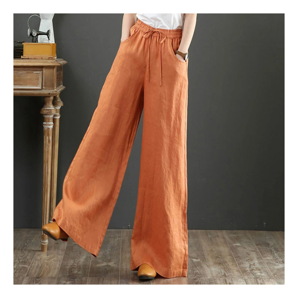 ワイドパンツ 幅広ズボン ロングパンツ レディース ルーズフィット ゆったり 無地 ゴムウエスト 着心地柔らかい 麻混素材 女性 ファッション カジュアル 春 秋 夏  6055