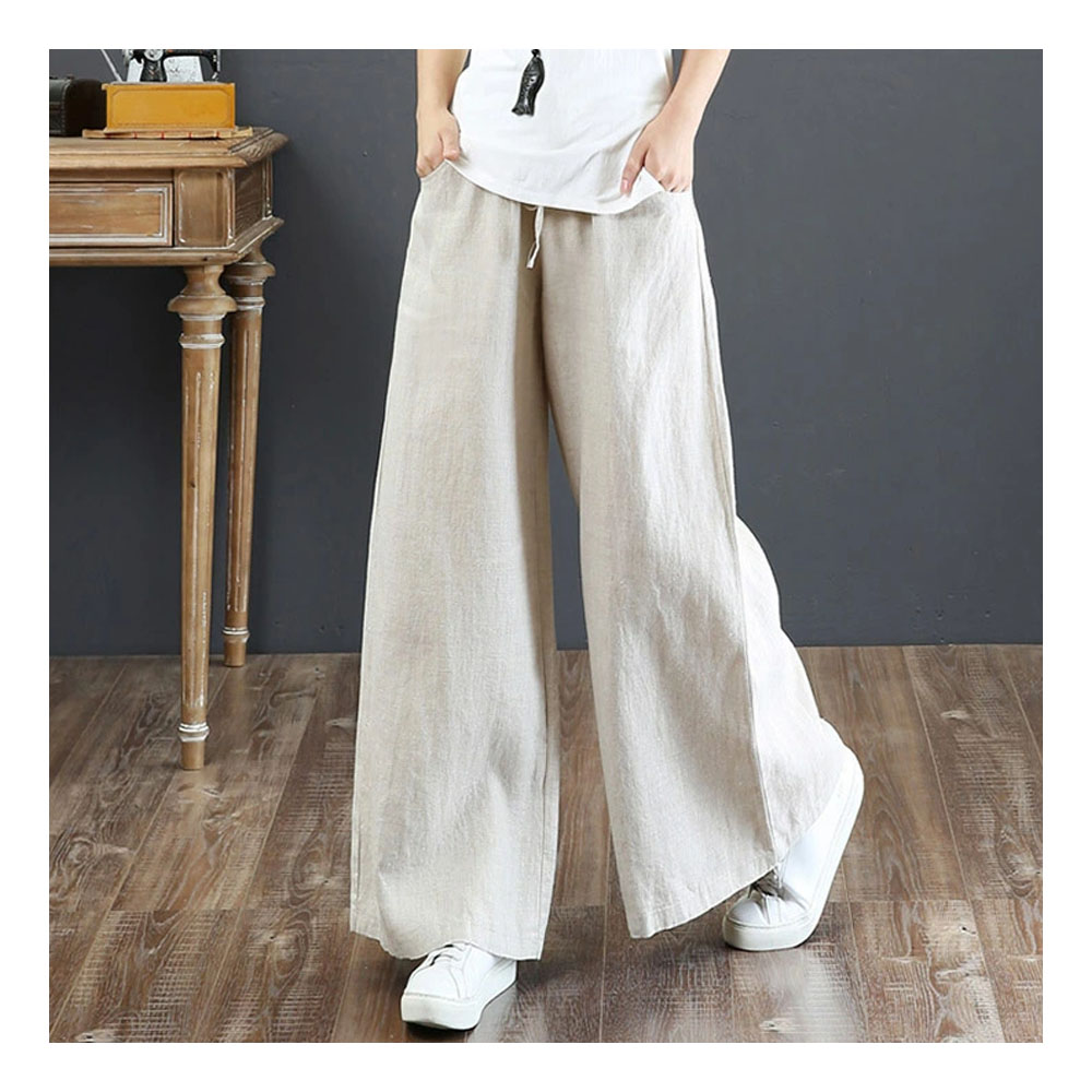 ワイドパンツ 幅広ズボン ロングパンツ レディース ルーズフィット ゆったり 無地 ゴムウエスト 着心地柔らかい 麻混素材 女性 ファッション カジュアル 春 秋 夏  6055