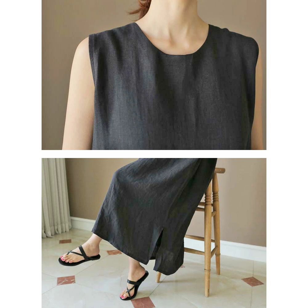 ワンピース ノースリーブ クルーネック 袖なし アサ風 ゆったり サイドスリット 着脱しやすい ポケット付き 着心地柔らかい 着痩せ ファッション カジュアル おしゃれ  ask4056