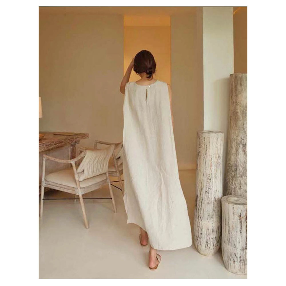 ワンピース ノースリーブ クルーネック 袖なし アサ風 ゆったり サイドスリット 着脱しやすい ポケット付き 着心地柔らかい 着痩せ ファッション カジュアル おしゃれ  ask4056
