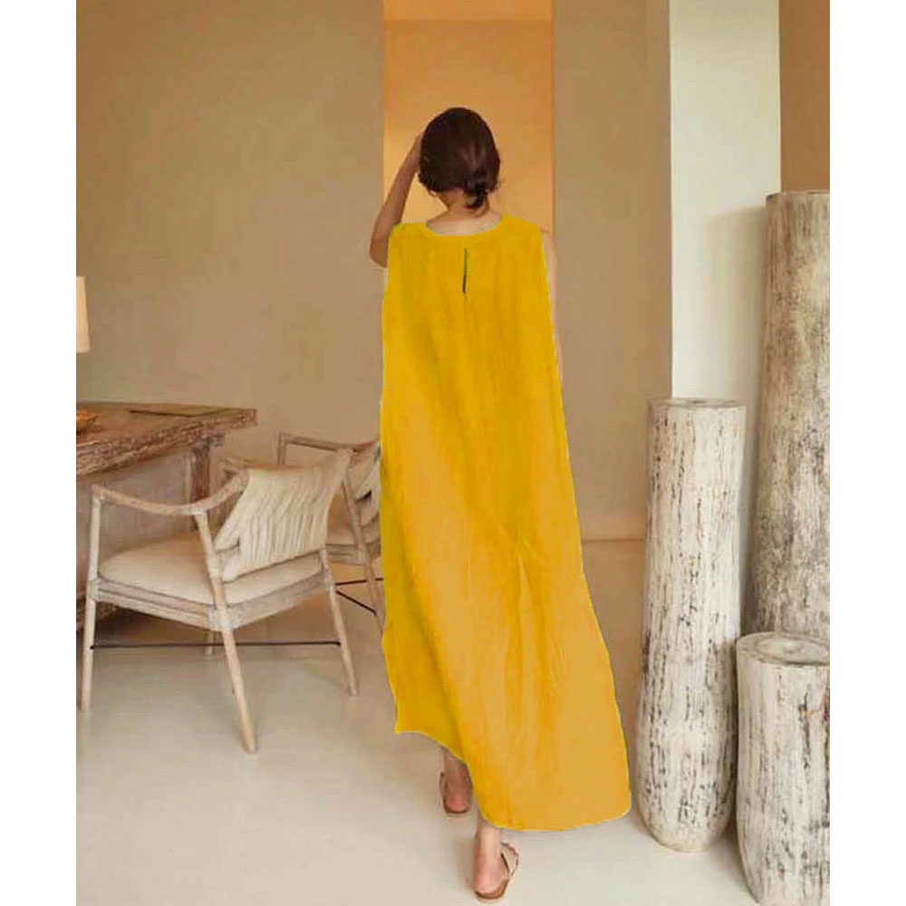 ワンピース ノースリーブ クルーネック 袖なし アサ風 ゆったり サイドスリット 着脱しやすい ポケット付き 着心地柔らかい 着痩せ ファッション カジュアル おしゃれ  ask4056