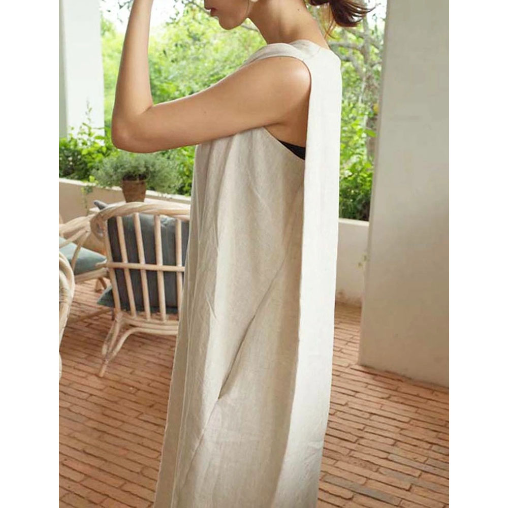ワンピース ノースリーブ クルーネック 袖なし アサ風 ゆったり サイドスリット 着脱しやすい ポケット付き 着心地柔らかい 着痩せ ファッション カジュアル おしゃれ  ask4056