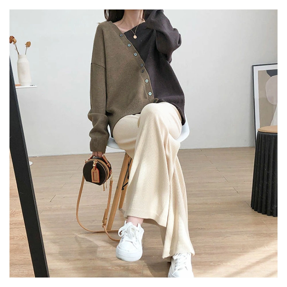 ニットトップス ニット上着 ニットカーディガン カラーブロック 配色デザイン ドロップショルダー 肩落ちデザイン 左右長さ違い 非対称デザイン 無地 着心地いい 肌触り柔らかい オシャレ 秋冬   s9219brob   