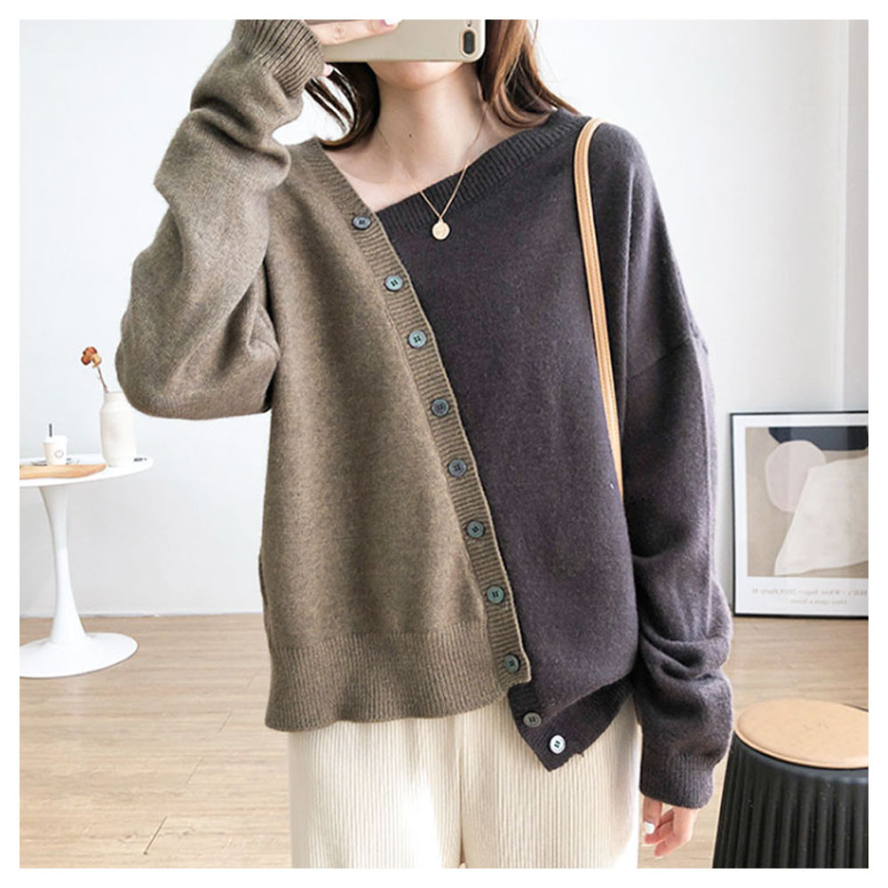 ニットトップス ニット上着 ニットカーディガン カラーブロック 配色デザイン ドロップショルダー 肩落ちデザイン 左右長さ違い 非対称デザイン 無地 着心地いい 肌触り柔らかい オシャレ 秋冬   s9219brob   