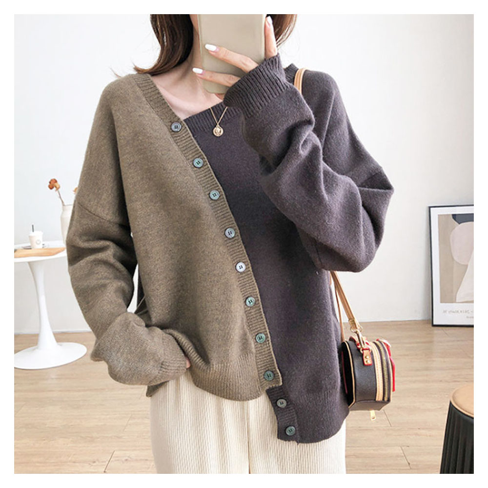 ニットトップス ニット上着 ニットカーディガン カラーブロック 配色デザイン ドロップショルダー 肩落ちデザイン 左右長さ違い 非対称デザイン 無地 着心地いい 肌触り柔らかい オシャレ 秋冬   s9219brob   