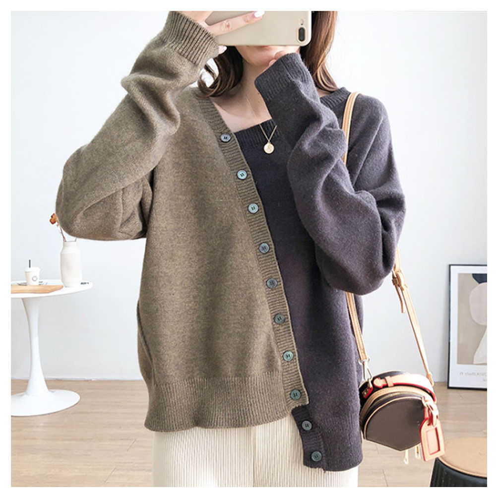 ニットトップス ニット上着 ニットカーディガン カラーブロック 配色デザイン ドロップショルダー 肩落ちデザイン 左右長さ違い 非対称デザイン 無地 着心地いい 肌触り柔らかい オシャレ 秋冬   s9219brob   