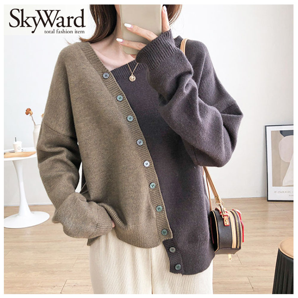 ニットトップス ニット上着 ニットカーディガン カラーブロック 配色デザイン ドロップショルダー 肩落ちデザイン 左右長さ違い 非対称デザイン 無地 着心地いい 肌触り柔らかい オシャレ 秋冬   s9219brob   