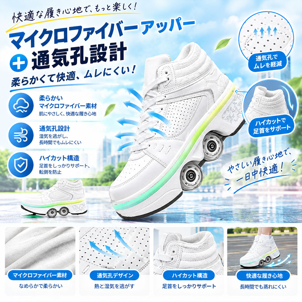滑轮滑冰鞋 滑冰鞋 滑轮鞋 多功能 2合1 4轮 可变形 带灯 透气孔 白色 耐磨性 高品质 初学者理想 女性 成人 户外 礼物 礼品   xinbaidaideng