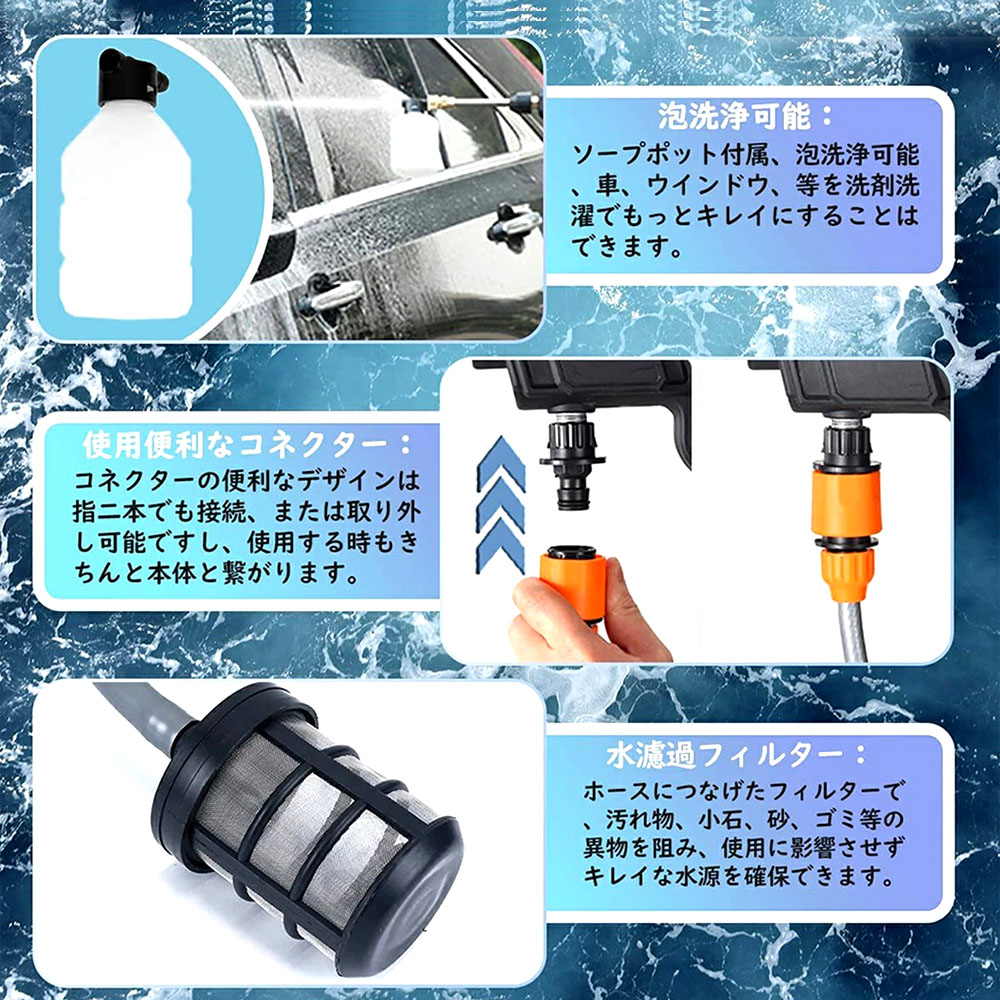 高圧洗浄機 自吸式 洗車機 充電式 6in1ノズル 高圧6.0MPA 片手でOK ペットボトル装着可能 バッテリー付き 3種の噴射モード 軽量 節水 洗車 車掃除 庭 階段 玄関 ベランダ 花園 家庭用 女性 お年寄り  XCJ