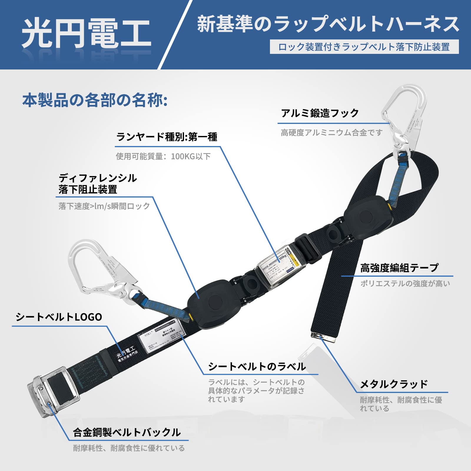 安全帯 胴ベルト 新規格 墜落制止用器具 ロック装置付き2WAY巻取器+巻取式補助ロープ 安全帯２丁掛け 胴ベルト型墜落制止用器具 墜落制止用器具 胴ベルト型+卷线器 	BNFM