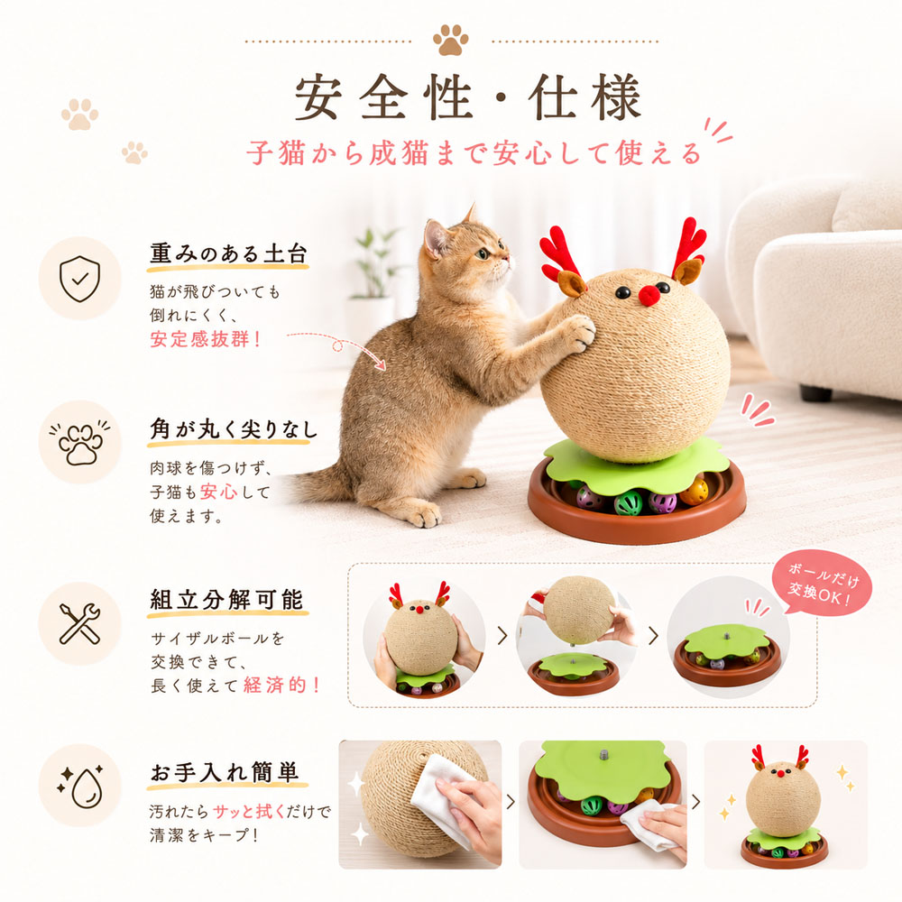 猫用爪とぎタワー 猫用爪とぎ 遊びタワー つめとぎ トナカイ型 猫おもちゃ 鈴入りボール付き 据え置き 安定台座 サイザル麻製 長持ち かわいい 猫遊び 子猫 成猫対応 猫 ストレス対策 家具保護  XZGH-33-A