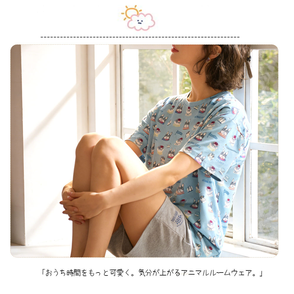 ルームウェア パジャマ ホームウェア 上下セット 半袖 ドッグ柄 天竺ニット ルーズフィット 大人気 優しい肌触り 蒸れにくい 柔らかい お手入れ簡单 可愛い おしゃれ 部屋着 寝間着 ゴミ出し  GYSWA-08