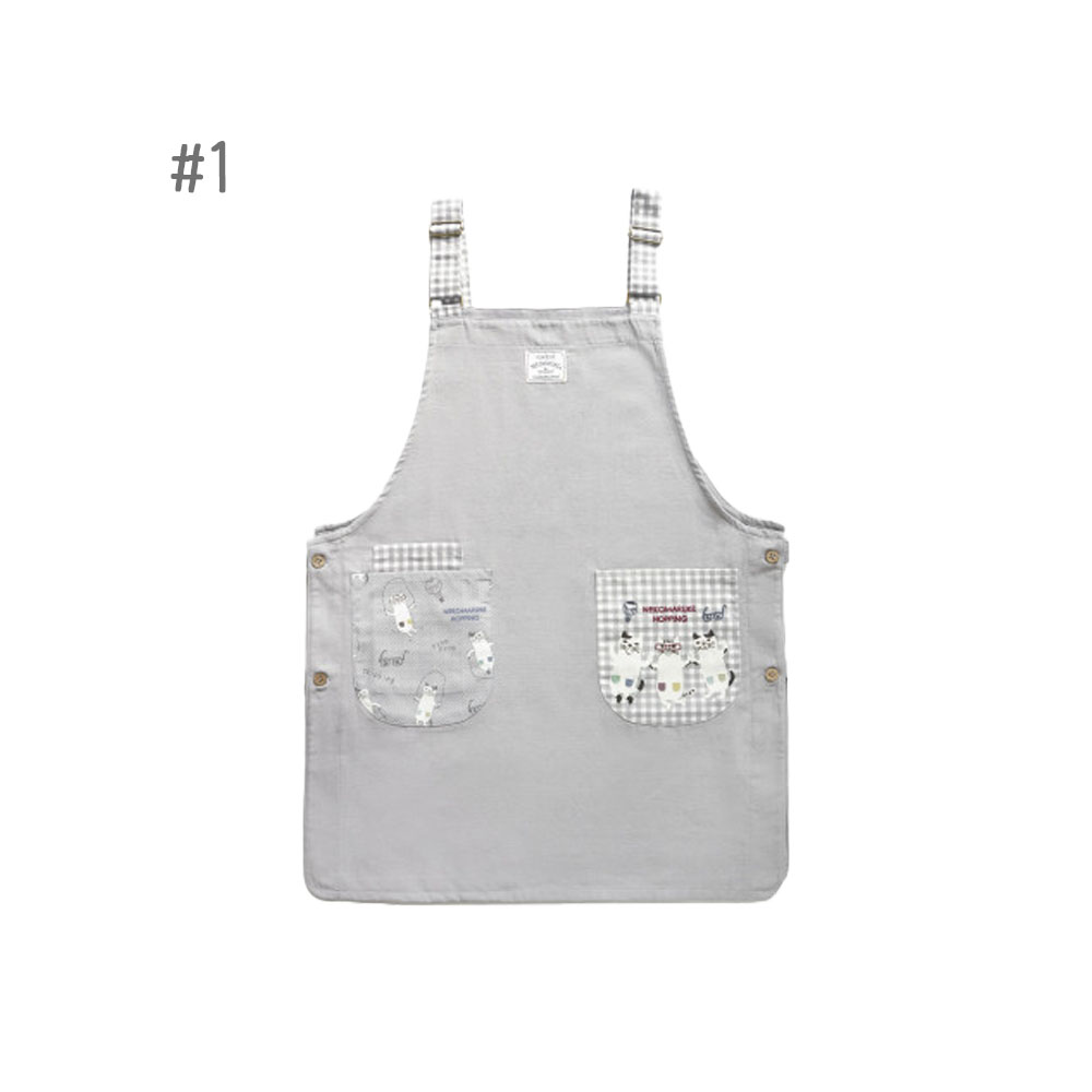 エプロン 脇ボタンあきエプロン 職人風 ネコ柄 大容量ポケット 調整可能な肩ひも 着脱しやすい 通気性 可愛い 綿混生地 キッチン 保育士の方 カフェスタッフ 男女兼用  26-9002