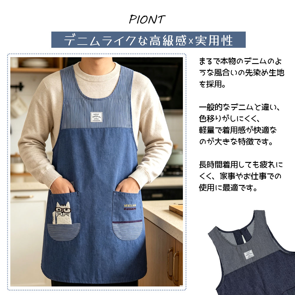 エプロン 脇釦あきエプロン 肌に優しい生地 サイドボタン ポケット付き 保育士 介護士 デニムエプロン  25-10016