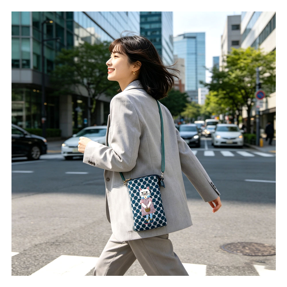 収納ポーチ 斜めがけ 斜め掛けポーチ かわいい 多機能 ネコ柄 長さ調節可能 ファスナー開閉 小物入れ 耐摩耗性 ジャカード生地 小物収納 おしゃれ カジュアル 日常 デート  25-8617