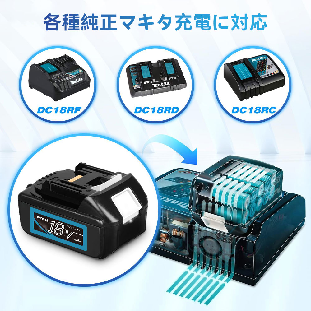 Makita 18V 电池 兼容 2个装 BL1860B 18V 6.0Ah Makita 电池 18V BL1830B BL1850B BL1860B BL1890B 兼容 Makita 18V 电池BL1860B 锂离子电池 大容量 LED显示 PSE CE认证通过 bl1860b-2