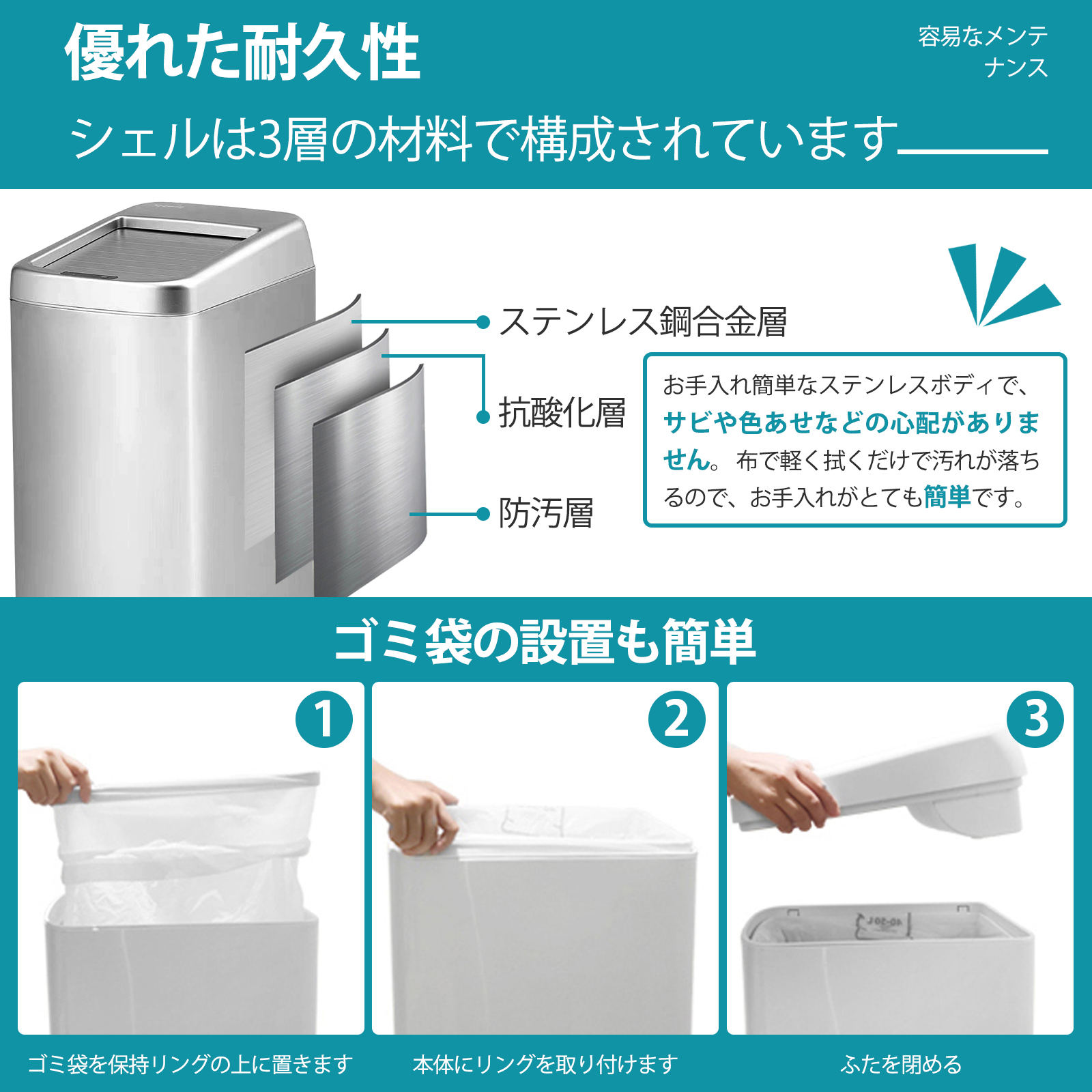 ゴミ箱 自動開閉式 30リットル 対応 ロールオン式 30L デュアルモード 知覚距離の調整 スリム 静音 ステンレス製 お手入れ簡単 ゴミ袋のずれ・漏れを防ぐ シルバー SEEWIN