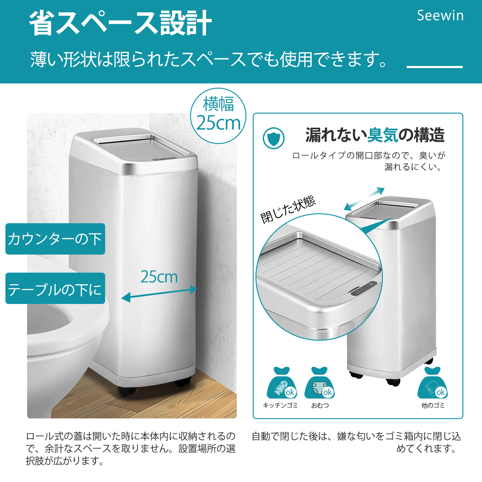 ゴミ箱 自動開閉式 30リットル 対応 ロールオン式 30L デュアルモード 知覚距離の調整 スリム 静音 ステンレス製 お手入れ簡単 ゴミ袋のずれ・漏れを防ぐ シルバー SEEWIN