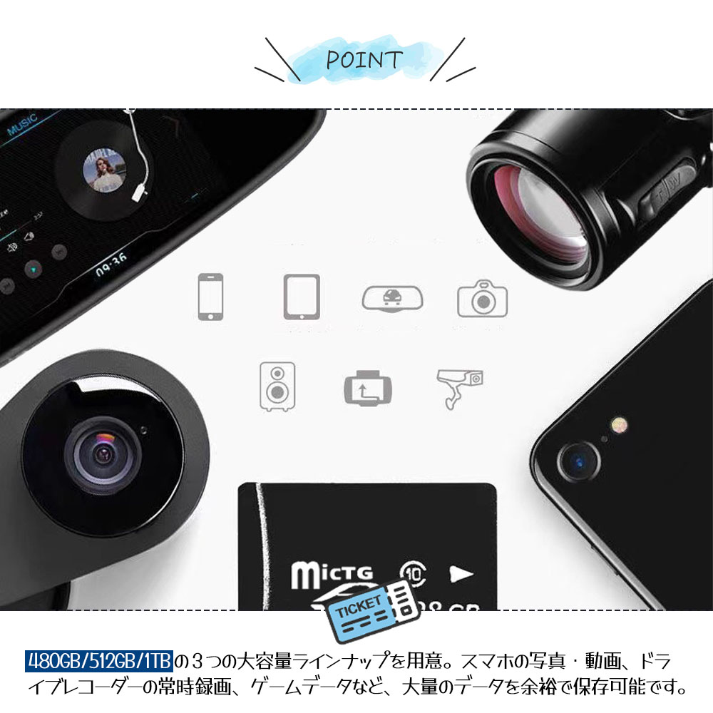 SD卡 微型SD卡 高速 大容量 480GB 512GB 1T 耐冲击 耐温度 照片 视频保存 行车记录仪录制 游戏数据 多设备支持 NCK