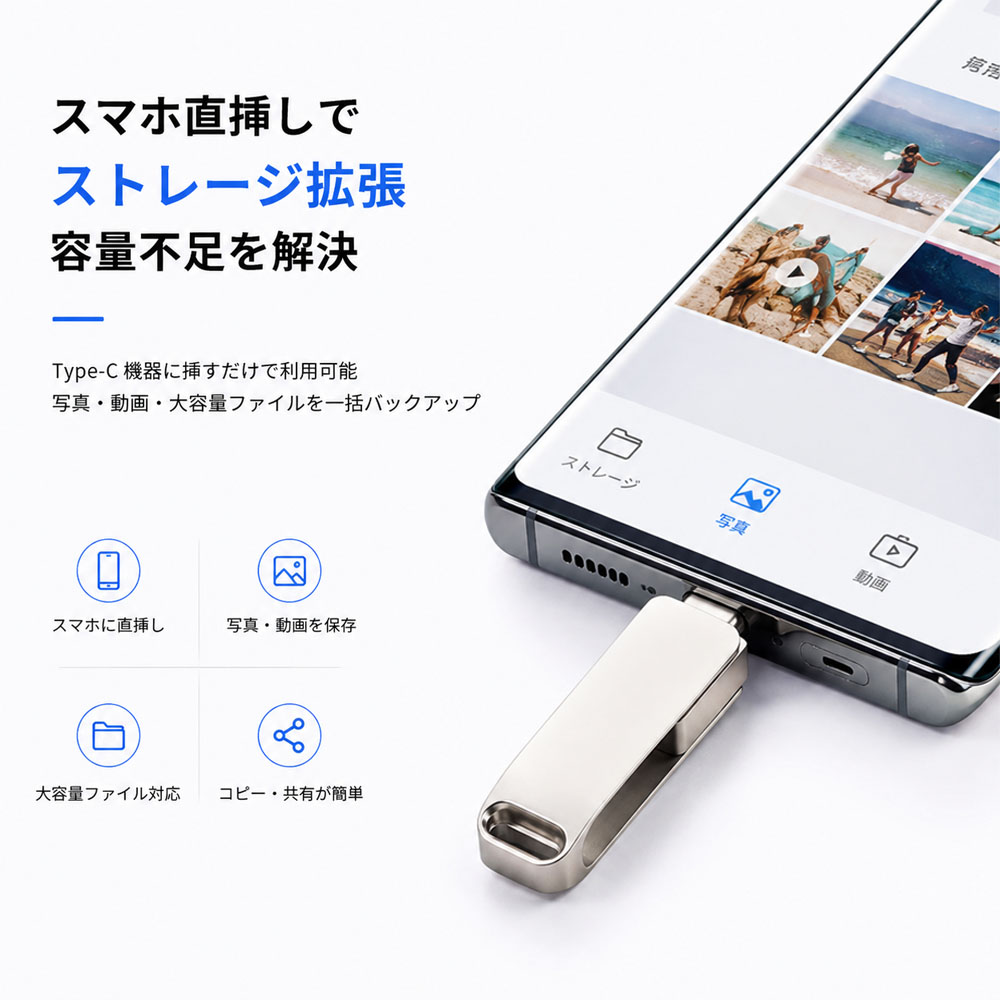 USBメモリ 2in1 デュアルUSBメモリ 128GB 512GB 高速転送 スマホ直挿し 360°回転 金属ボディ ストラップホール付き USB-A USB3.0 Type-C データ保存 写真 動画保存 データ移行 スマホ対応 PC対応 容量不足対策   128-UP