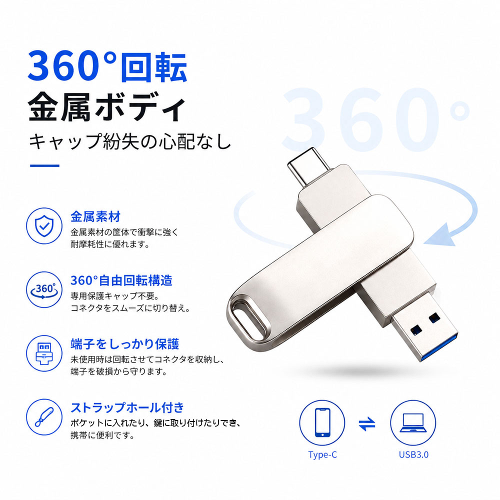 USBメモリ 2in1 デュアルUSBメモリ 128GB 512GB 高速転送 スマホ直挿し 360°回転 金属ボディ ストラップホール付き USB-A USB3.0 Type-C データ保存 写真 動画保存 データ移行 スマホ対応 PC対応 容量不足対策   128-UP
