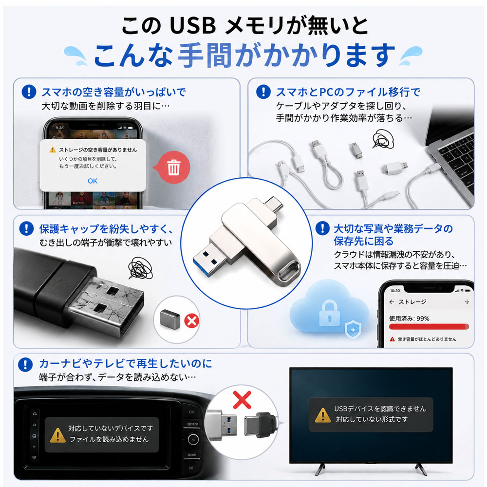 USBメモリ 2in1 デュアルUSBメモリ 128GB 512GB 高速転送 スマホ直挿し 360°回転 金属ボディ ストラップホール付き USB-A USB3.0 Type-C データ保存 写真 動画保存 データ移行 スマホ対応 PC対応 容量不足対策   128-UP