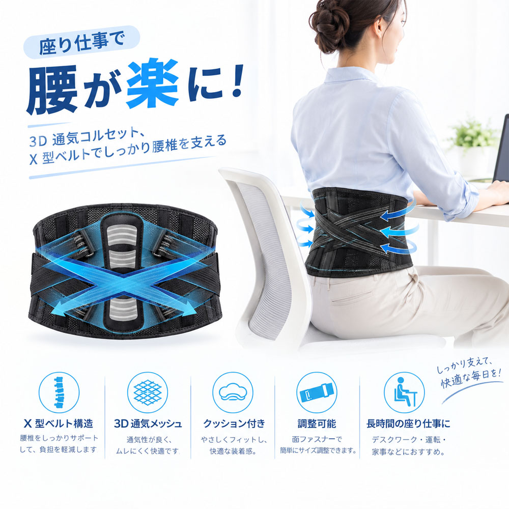 腰サポーター 腰ベルト 3D通気コルセット X型ベルト 腰椎サポート 360°フィット 滑り止め設計 簡単装着 PEフォーム腰椎パッド 腰痛改善 圧力分散 背骨安定 運転 運搬 在宅作業 デスクワーク 座り仕事  P-ybzc
