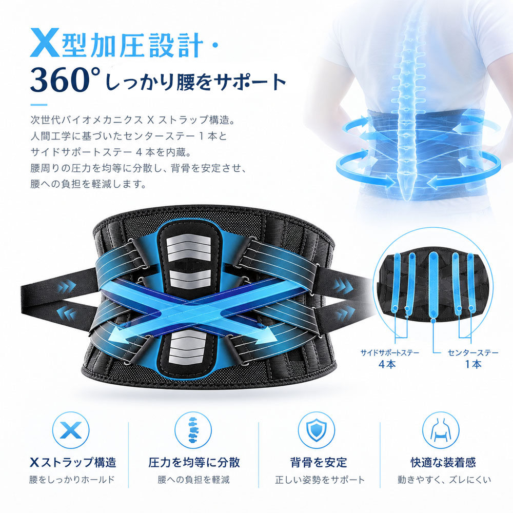 腰サポーター 腰ベルト 3D通気コルセット X型ベルト 腰椎サポート 360°フィット 滑り止め設計 簡単装着 PEフォーム腰椎パッド 腰痛改善 圧力分散 背骨安定 運転 運搬 在宅作業 デスクワーク 座り仕事  P-ybzc