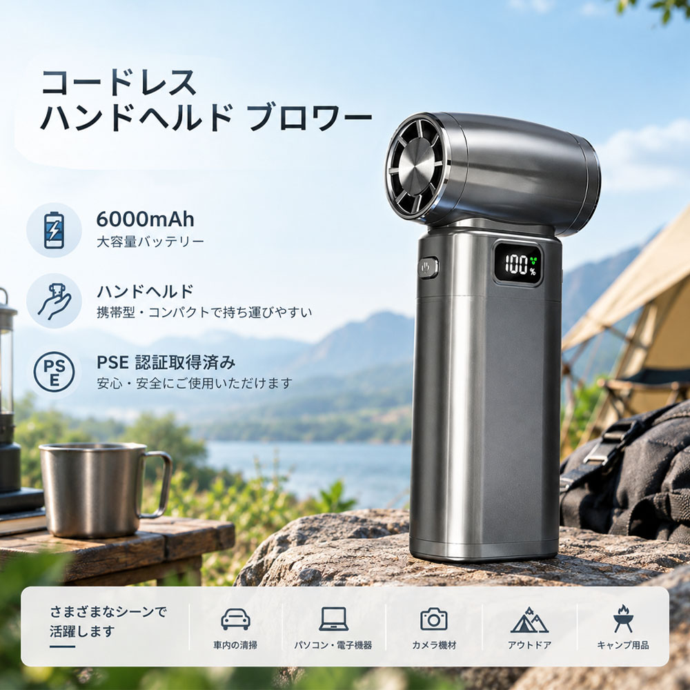 コードレス ハンディブロワー 6000mAh コードレスブロワー エアダスター ハンディファン バッテリー 軽量 ブラシレスモーター 強力風量 集風ノズル付き デジタル残量表示 長時間稼働 USB Type-C充電対応 ホコリ除去 キャンプ アウトドア   FJ-01