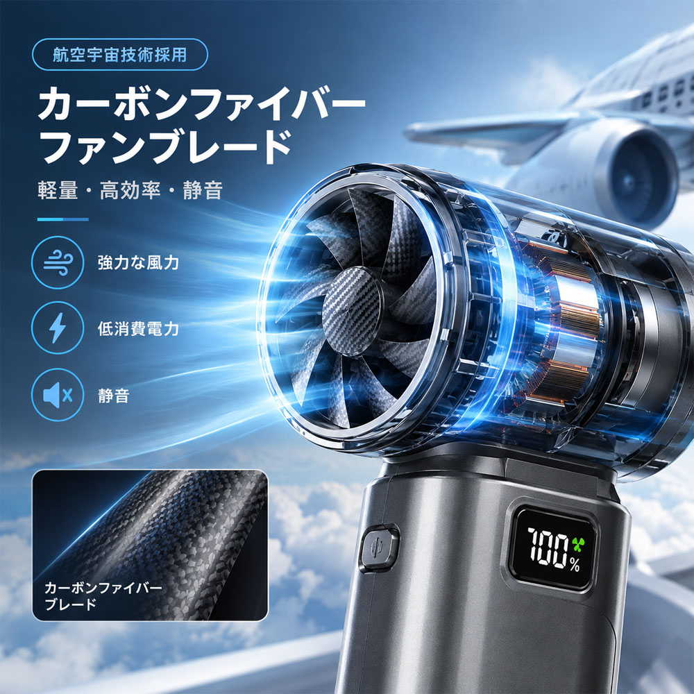 コードレス ハンディブロワー 6000mAh コードレスブロワー エアダスター ハンディファン バッテリー 軽量 ブラシレスモーター 強力風量 集風ノズル付き デジタル残量表示 長時間稼働 USB Type-C充電対応 ホコリ除去 キャンプ アウトドア   FJ-01
