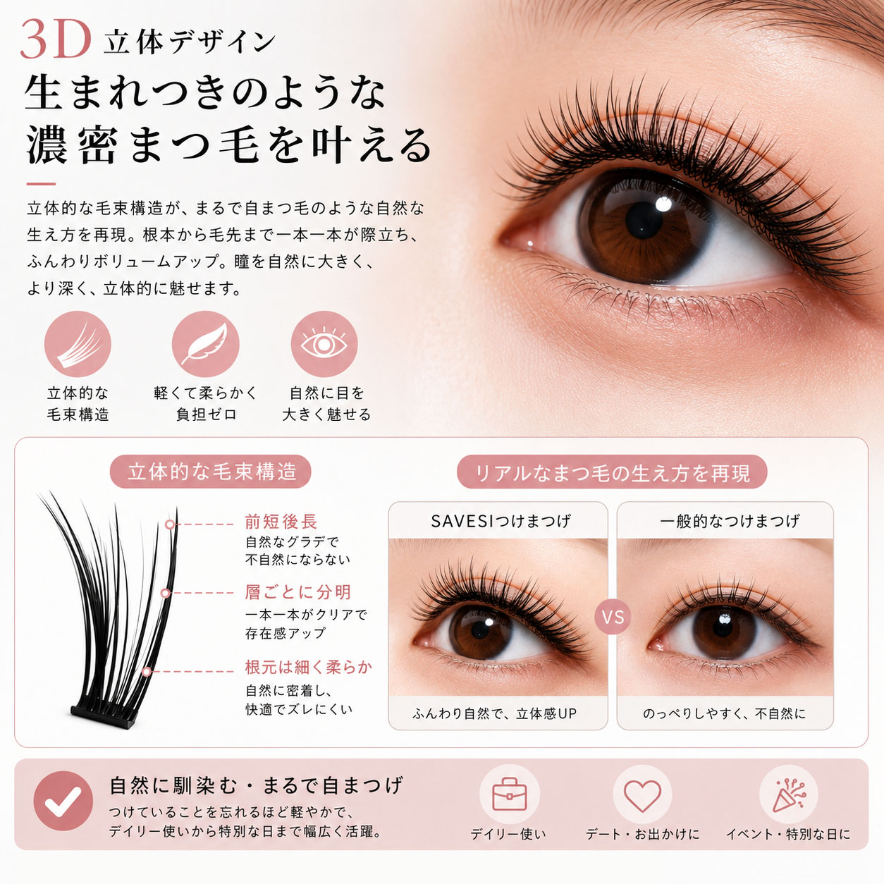 つけまつげ 部分つけまつげ 48束入り ナチュラル のり不要 柔らかい セグメント 長時間キープ 立体感 接着剤不要 層次感 簡単装着 繰り返し使える アイメーク 日常使い デート 初心者  JJMGH-01-C