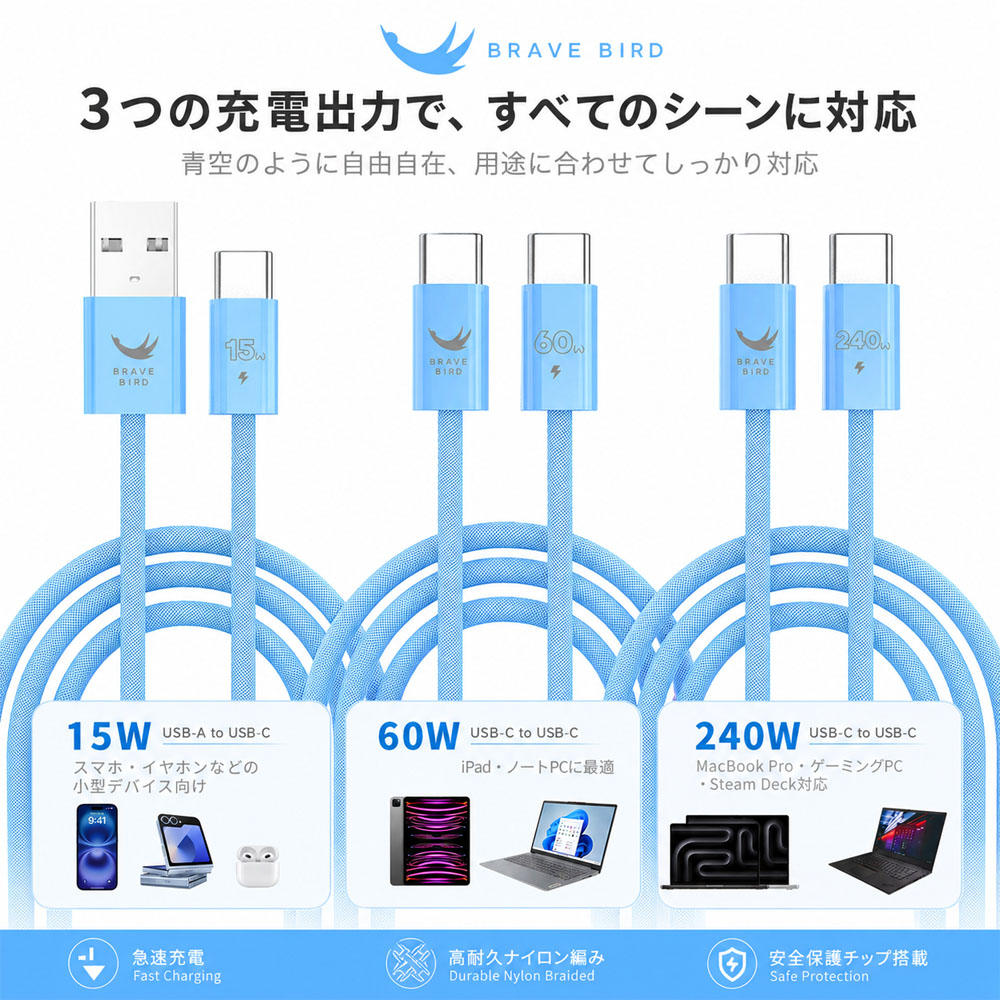充電ケーブル 急速充電 15W 60W 240W 高耐久 高速転送  C to C  usb-C usb-A 編み込みケーブル スマホ イヤホン 高級感  POWER L1