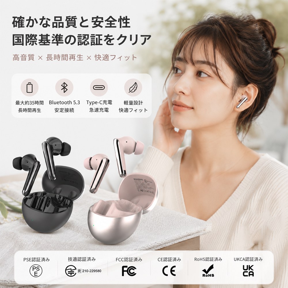 ワイヤレスイヤホン イヤホン 高音質 長時間再生 Bluetooth5.3 Type-C充電 軽量 装着感良好 操作簡単 最大35時間再生 認証取得済み  PowerX7BK