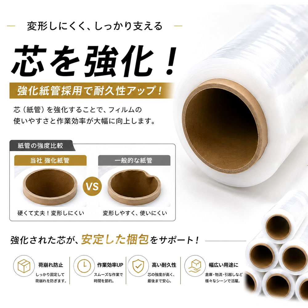 ストレッチフィルム 6巻セット 梱包用ラップ 幅50cm 長さ300m 厚さ15μ 透明 高品質 伸縮性 荷崩れ防止 梱包 業務用 引越し パレット包装   POWER C6