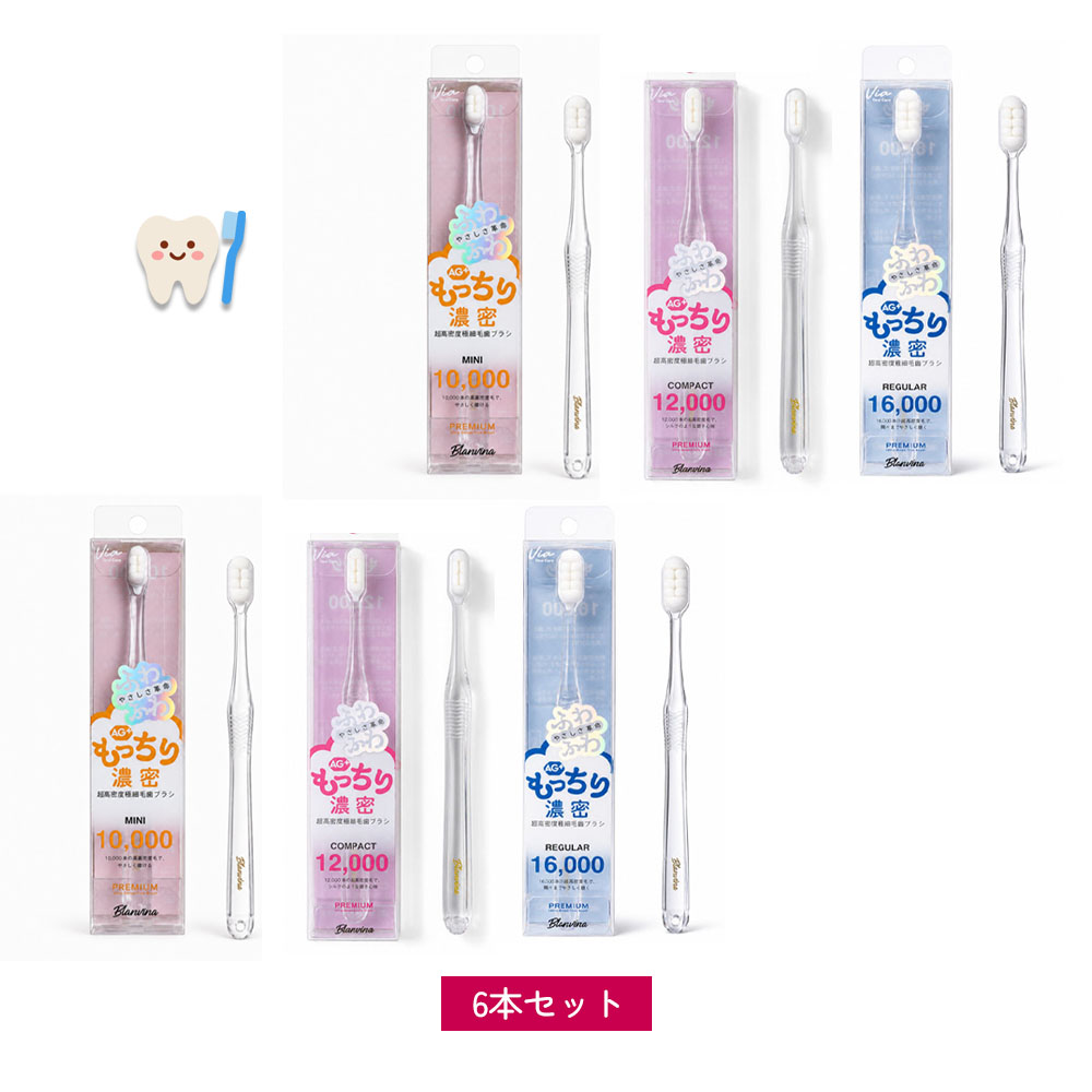 歯ブラシ やわらかめ 6本セット もっちり 濃密極細毛 10,000本〜16,000本 Blanvina 歯ぐきに優しい 歯周病予防 歯周ポケット 虫歯対策 知覚過敏 コンパクト ミニ レギュラー オーラルケア 大人用 まとめ買い    Toothbrush-A