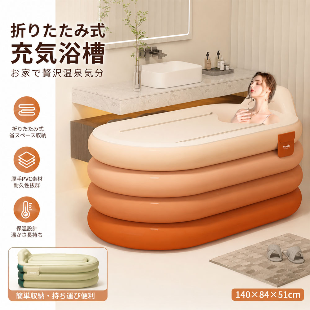 空気入りバスタブ 折り畳み浴槽 折りたたみ式バスタブ ポータブルバスタブ 空気入りプール 長時間保温 140×84×51cm 耐久性 収納簡単 急速空気注入 自動膨張 ワンタッチ操作 一人入浴 温泉気分 自宅用 家庭用    141350