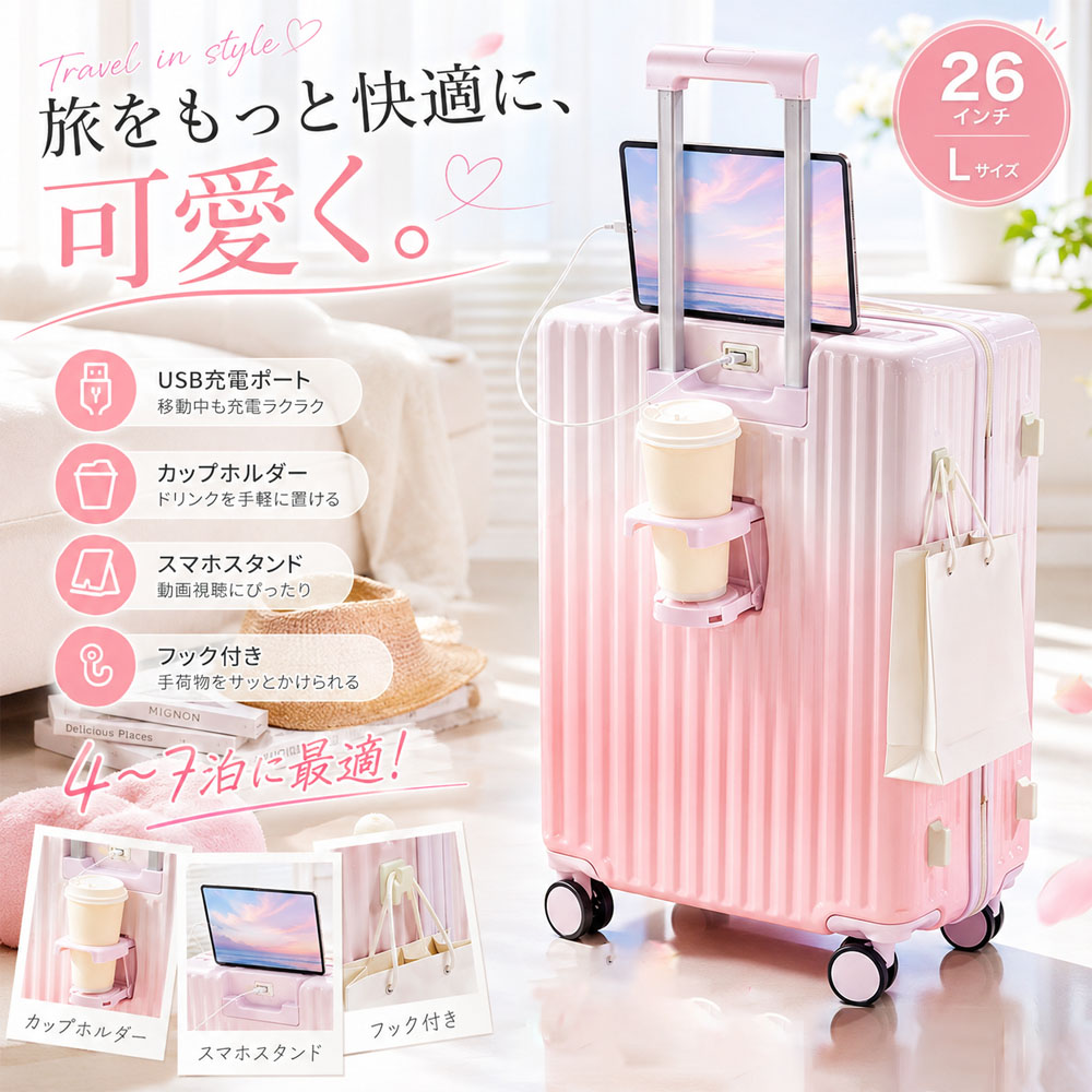 スーツケース 多機能スーツケース グラデーションカラー 大容量 26インチ 軽量 充電ポート付き 折りたたみ式ドリンクホルダー 複数フック付き 耐久性 耐摩耗 4～7泊向け おしゃれ かわいい 出張 旅行 修学旅行 ビジネス  145106-26-fenbai