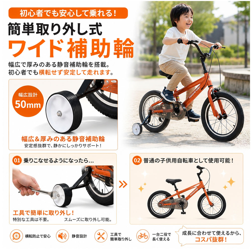 キッズ自転車 子供用自転車 キッズバイク 18インチ 組立簡単 取り外し可能補助輪 高強度フレーム 安心設計 防錆コーティング ノーパンクタイヤ こどもの日 お誕生日 男の子 女の子 プレゼント ギフト X0018LV