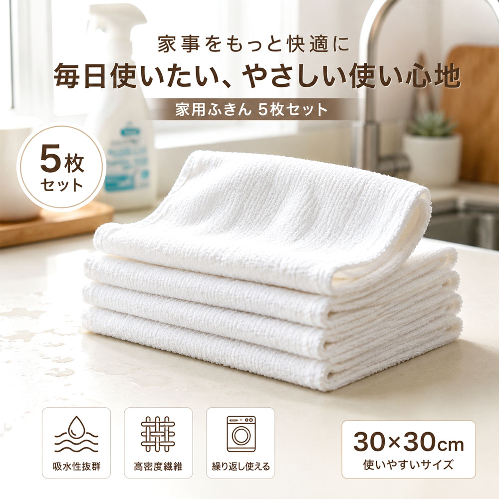 ふきん 5枚入り キッチンタオル 多目的ふきん 雑巾 30×30cm 吸水性 防カビ 衛生 抗菌 繰り返し使える 柔らかい肌触り 劣化しにくい 毛抜け防止 高密度繊維 テーブル拭き 食器拭き ガラス拭き キッチン用 掃除用品  KUCUNMB-01-A