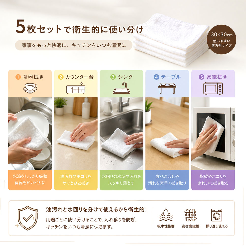 ふきん 5枚入り キッチンタオル 多目的ふきん 雑巾 30×30cm 吸水性 防カビ 衛生 抗菌 繰り返し使える 柔らかい肌触り 劣化しにくい 毛抜け防止 高密度繊維 テーブル拭き 食器拭き ガラス拭き キッチン用 掃除用品  KUCUNMB-01-A