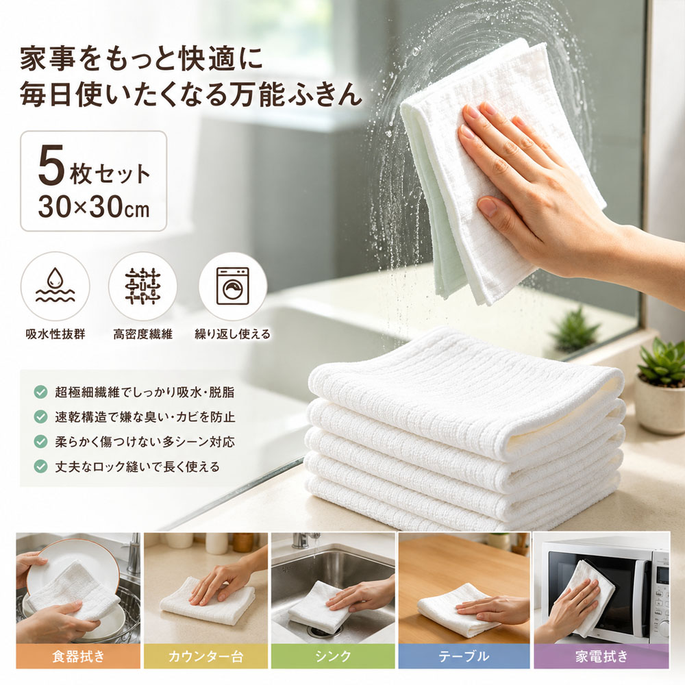 ふきん 5枚入り キッチンタオル 多目的ふきん 雑巾 30×30cm 吸水性 防カビ 衛生 抗菌 繰り返し使える 柔らかい肌触り 劣化しにくい 毛抜け防止 高密度繊維 テーブル拭き 食器拭き ガラス拭き キッチン用 掃除用品  KUCUNMB-01-A