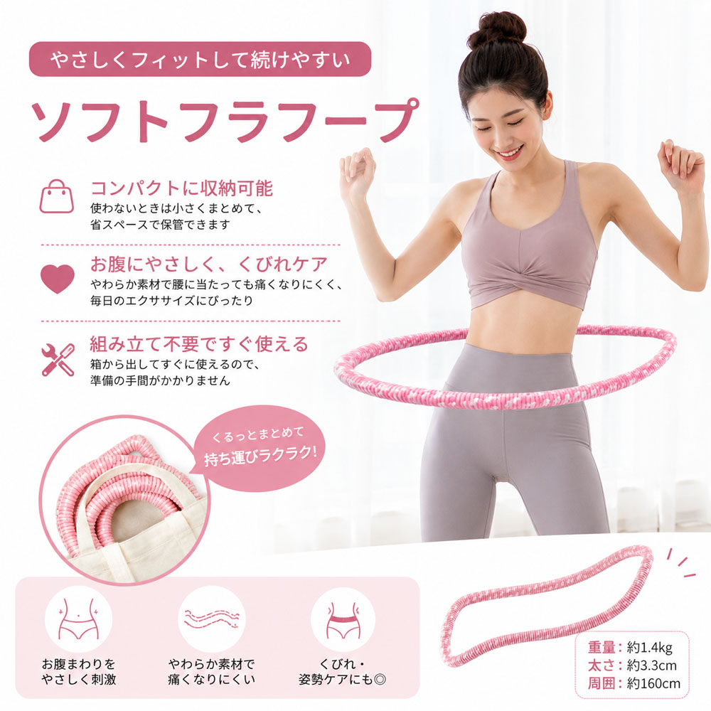 ソフトフラフープ フラフープ 全長160cm 自由変形 静音設計 無油加工仕様 べたつかない お手入れ簡単 エクササイズ フィットネス ウエストシェイプ ウエストトレーニング  X001BLOJJP