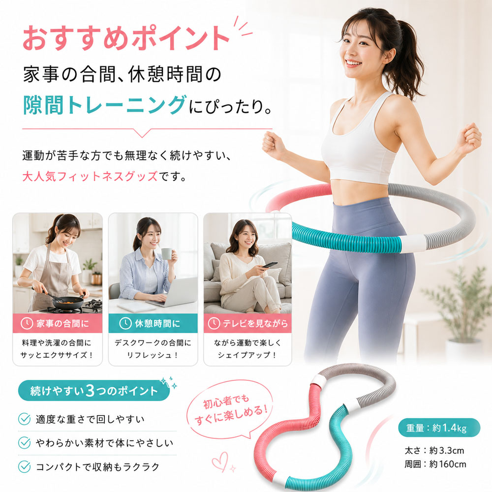 ソフトフラフープ フラフープ 全長160cm 自由変形 静音設計 無油加工仕様 べたつかない お手入れ簡単 エクササイズ フィットネス ウエストシェイプ ウエストトレーニング X001B7VDHZ