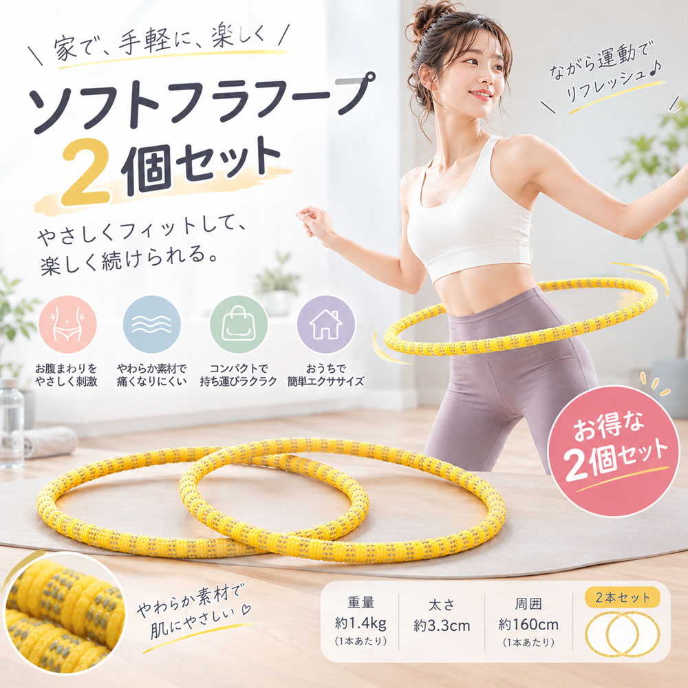 【2 個セット】ソフトフラフープ フラフープ 全長160cm 自由変形 静音設計 無油加工仕様 べたつかない お手入れ簡単 エクササイズ フィットネス ウエストシェイプ ウエストトレーニング X001BLK679-2